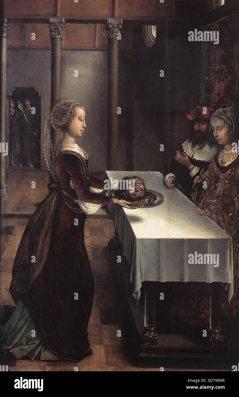 JUAN DE FLANDES (né vers 1465, ?, d. 1519, Palencia) Herodias' Revenge 1496 huile sur bois, 75 x 50,4 cm Musée Mayer van den Bergh, Anvers Hérode et Hérodias assis à une table dans un intérieur Renaissance. Salomé leur présente la tête coupée de Jean-Baptiste sur un plateau. Hérode recule de l'atrocité, mais Hérodias tient un couteau prêt à percer la langue de Jean pour se venger de la dénonciation par les saints de son comportement pécheur. Le panneau appartenait à un retable consacré à l'histoire de Jean-Baptiste qui a été peint en 1496 pour le monastère chartreux de Miraflores près de Burgos. L'origi Banque D'Images