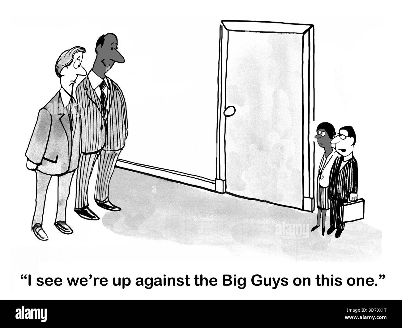 Deux petits entrepreneurs de petites entreprises rivalisent avec des géants pour obtenir un projet. Banque D'Images