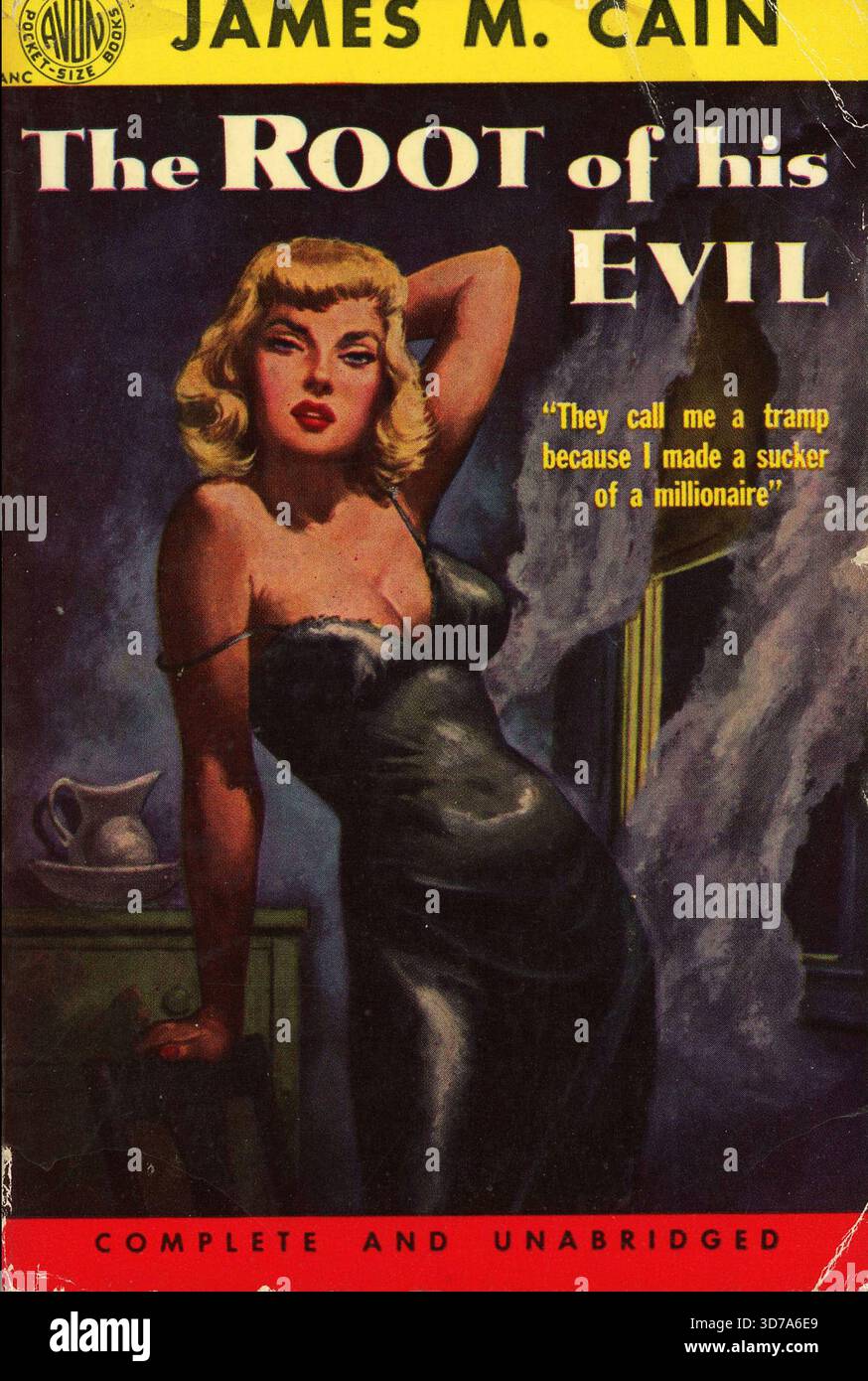 James M. Cain - la racine de son mal. Avon Books 455, 1952. Artiste de couverture : Owen Kampen. ''ils m'appellent un clochard parce que j'ai fait une merde d'un millionnaire.'' Banque D'Images