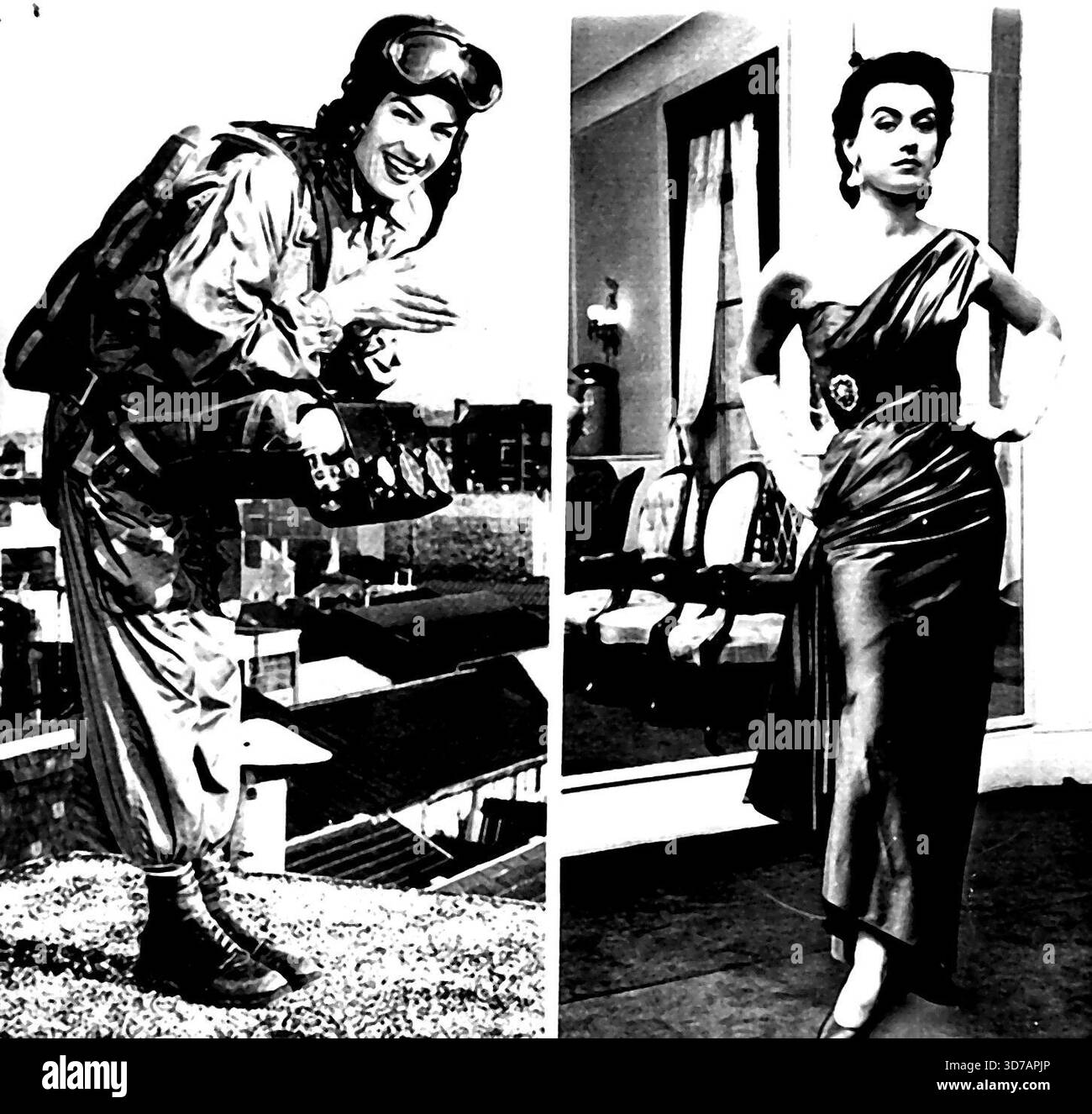 Frappe la soie et les chutes il aussi - ce modèle frison est une fille qui a juste à avoir de la soie sur le dos, dans le salon ou dans les airs Colette Duval, 25 ans, affiche la forme qui lui a valu une réputation à la fois comme parachutiste audacieux et comme modèle pour l'une des grandes maisons de couture de la capitale française. Colette a établi un record féminin pour un saut de chute libre plus tôt cette année avec une chute de plus de 11 500 pieds lors d'un spectacle aérien près de Perpignan. 12 décembre 1955. (Photo de AP Wirephoto). Banque D'Images