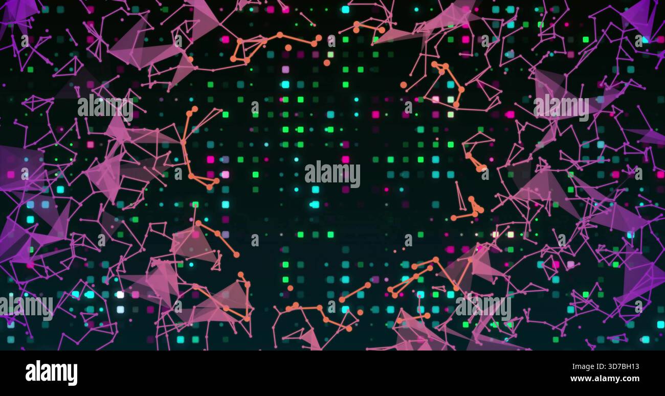 Affichage de la matrice centrale flottante dans l'interface utilisateur numérique sombre, avec des nœuds de maillage, des lignes fines, une grille de pixels brillante Banque D'Images