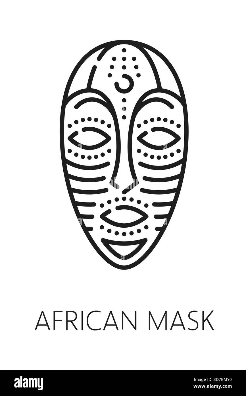Masque tribal d'Afrique du Sud, icône ou symbole de ligne de voyage africaine. Symbole de contour de tourisme d'Afrique du Sud, icône de vecteur de contour de voyage de continent africain. Signe de culture de pays africain avec masque rituel de tribu Illustration de Vecteur