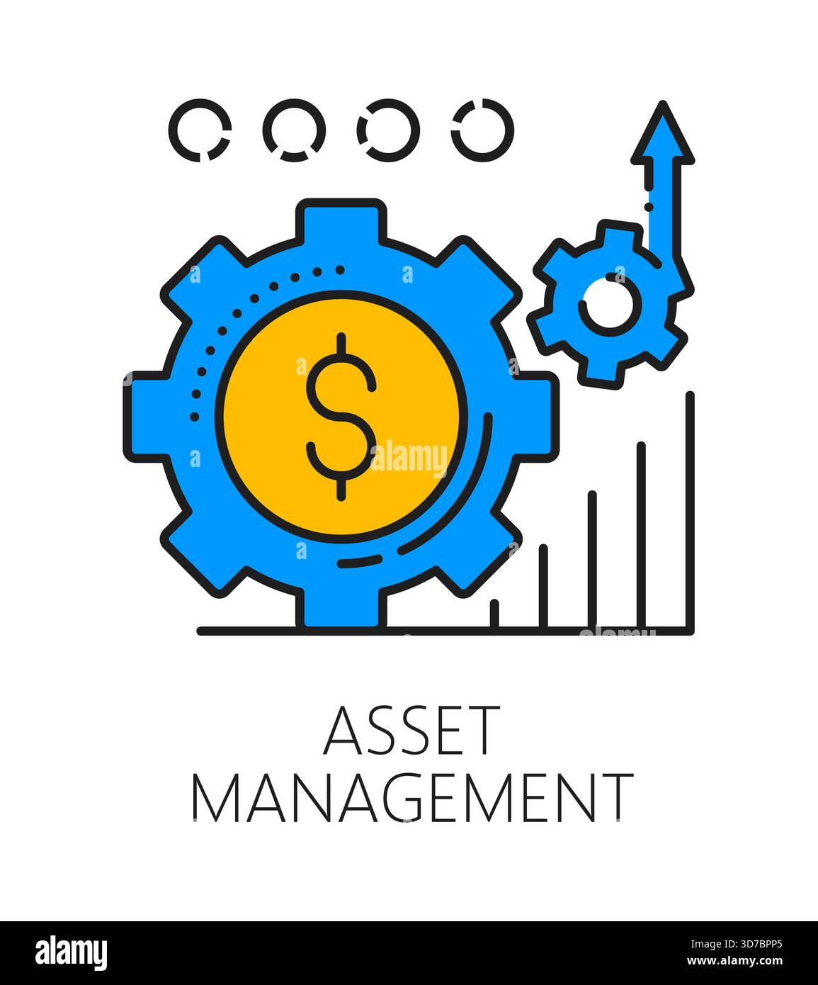 Gestion des actifs d'investissement, icône ou étiquette de ligne de couleur d'entreprise. Signe vectoriel lineart de fonds de capital, icône de gestion d'actifs d'investissement. Pictogramme de démarrage d'investisseur avec roue dentée et diagramme infographique Illustration de Vecteur