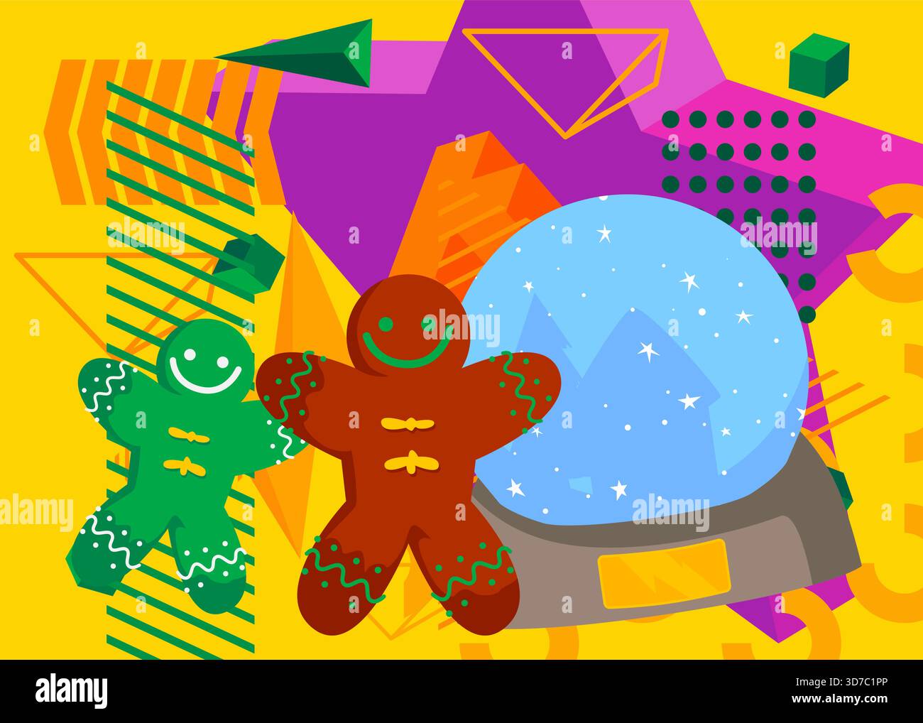 Snow Globe and Gingerbread homme Noël Cookie graphique géométrique fond de thème rétro. Éléments géométriques minimaux. Vecteur de formes abstraites vintage Illustration de Vecteur