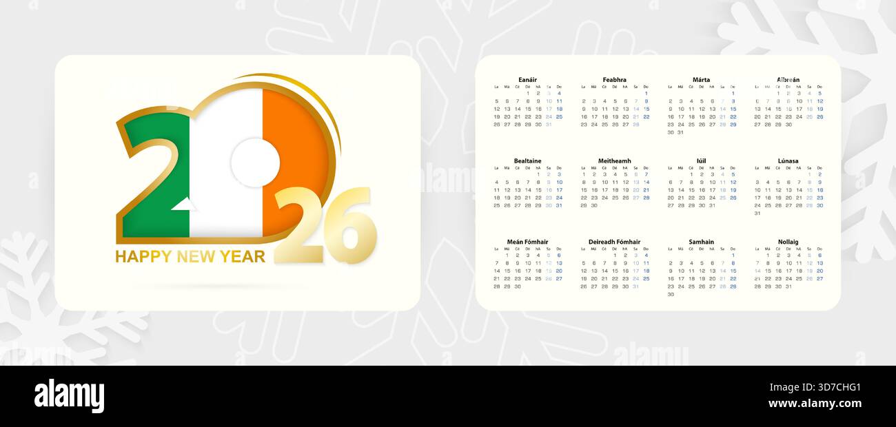 Calendrier horizontal de poche 2026 en langue irlandaise. Icône du nouvel an 2026 avec drapeau de l'Irlande. Calendrier vectoriel. Illustration de Vecteur