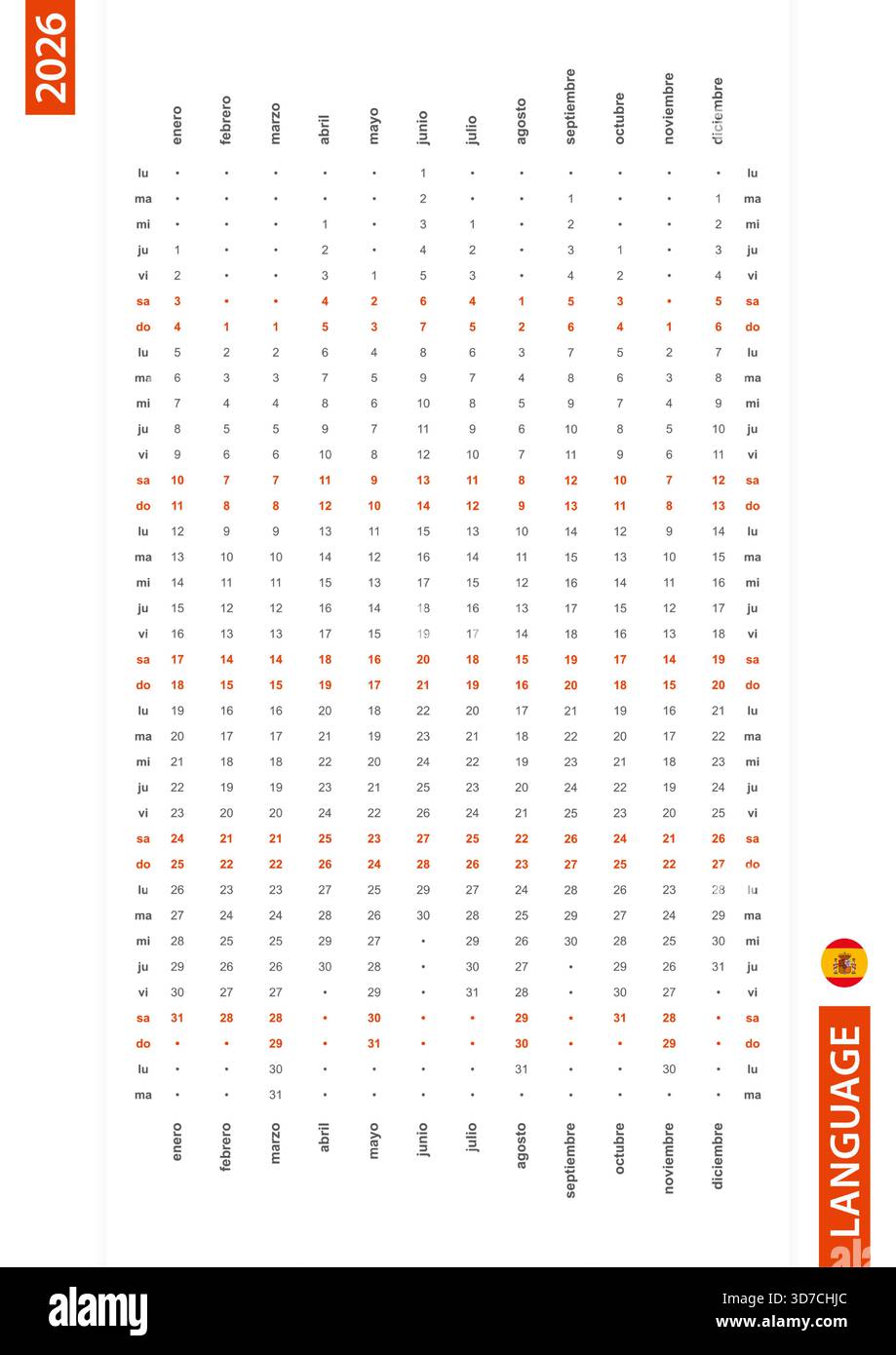 Espagnol calendrier vertical à une ligne 2026, lundi premier jour de la semaine. Calendrier vectoriel en langue espagnole. Illustration de Vecteur