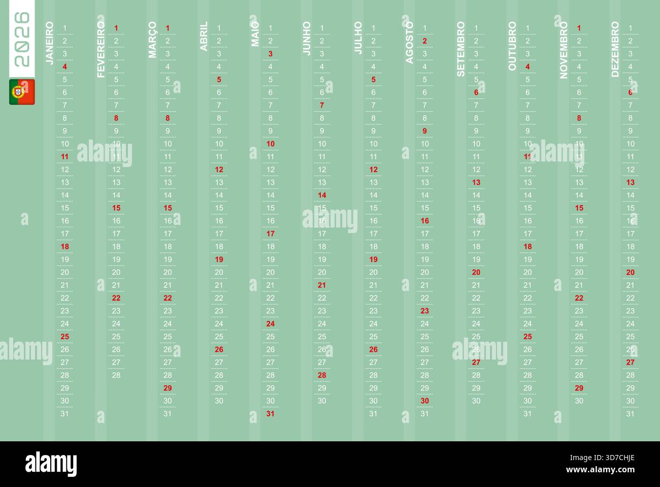 Calendrier vertical à une ligne pour l'année 2026 en portugais. Calendrier portugais pour 2026 avec les dimanches mis en évidence. Illustration vectorielle. Illustration de Vecteur