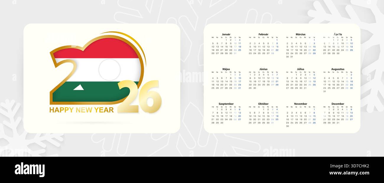 Calendrier horizontal de poche 2026 en langue hongroise. Nouvel an 2026 icône avec drapeau de la Hongrie. Calendrier vectoriel. Illustration de Vecteur