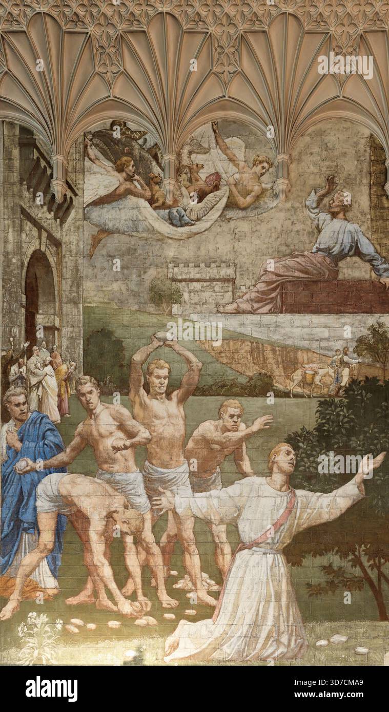 Peinture murale, de la lapidation à la mort de Stephen, dans Fulham Palace, maison historique de l'évêque de Londres, Angleterre. Banque D'Images