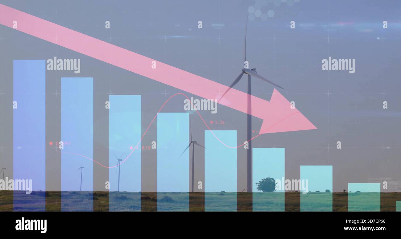 Montrant un graphique à barres translucide et une flèche rose vers le bas au-dessus de la plaine du parc éolien rural avec des turbines Banque D'Images