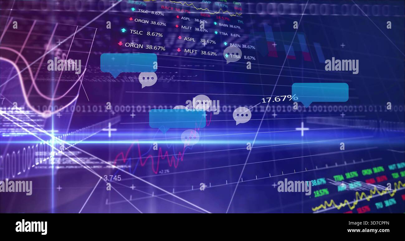 Affichage de bulles de chat turquoise avec points de suspension sur le tableau de bord des échanges, indiquant le pourcentage et les tickers Banque D'Images