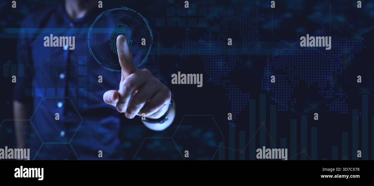 Personne touchant l'interface virtuelle avec superposition graphique numérique circulaire, tons bleus et fond de carte du monde. Concept de cybersécurité Banque D'Images