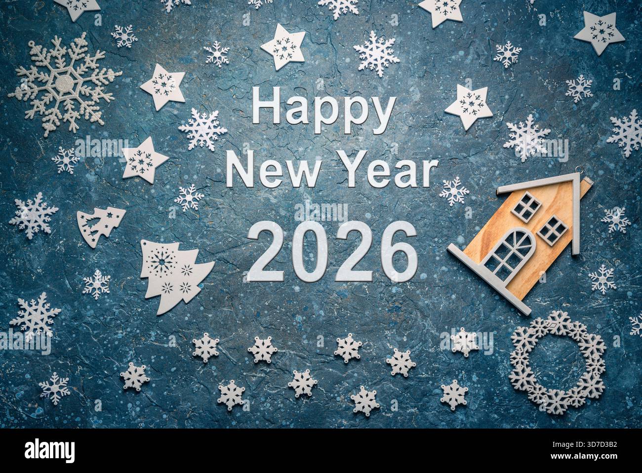 Bonne année 2026 sur un fond bleu de Noël avec décoration de glaçage Banque D'Images