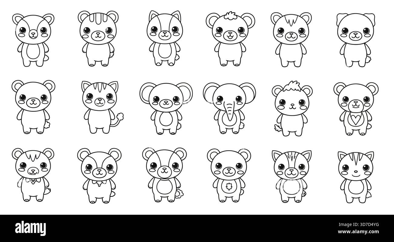 Une collection d'animaux de dessins animés mignons, y compris les ours chats koalas et un éléphant en noir et blanc Illustration de Vecteur