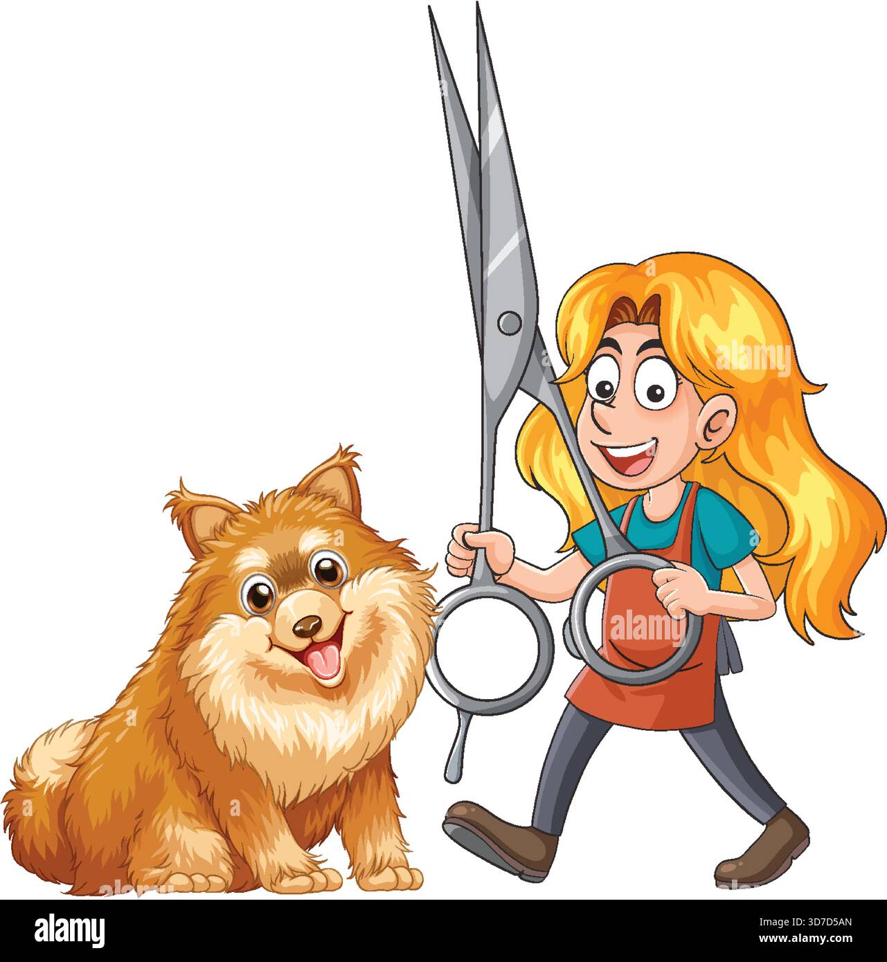 Toiletteur souriant avec des ciseaux surdimensionnés se tient à côté d'un chien heureux et moelleux dans le style vectoriel de dessin animé Illustration de Vecteur