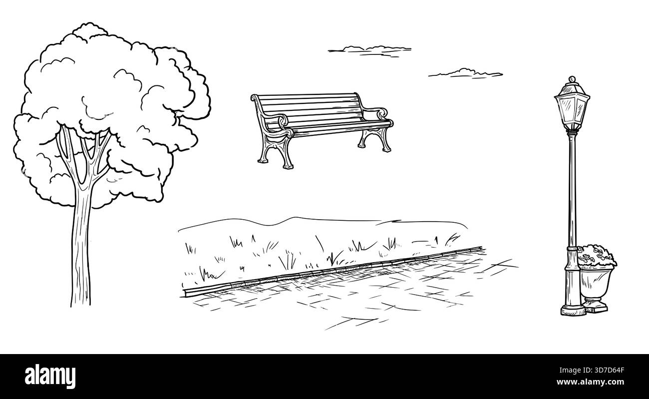 Un arbre et une lanterne de parc, parterre de fleurs avec des fleurs dans l'herbe, un croquis. Le dessin est dessiné à la main, un dessin simple, l'ensemble est isolé sur fond blanc Illustration de Vecteur