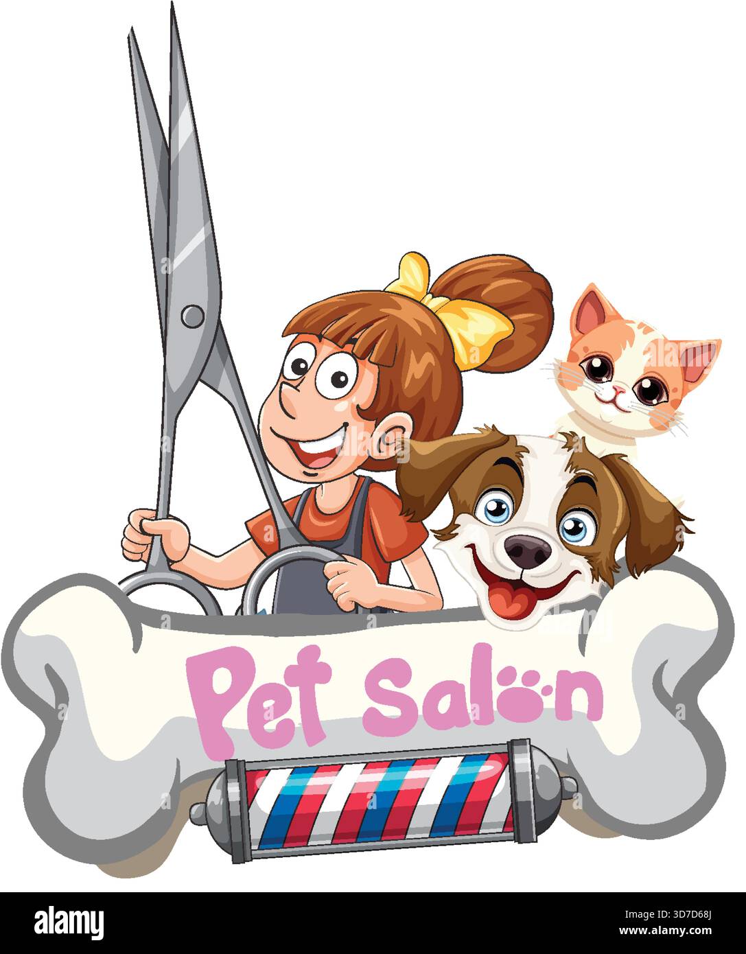 Toiletteur de dessin animé tenant des ciseaux avec chien heureux, chat, signe d'os et poteau de barbier coloré Illustration de Vecteur