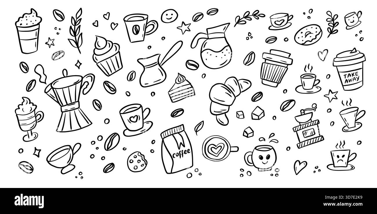 Grand ensemble de doodle sur le thème du café avec tasses, haricots, croissants, desserts et outils de préparation dans un style ludique de lignes noires dessinées à la main. Illustration de Vecteur