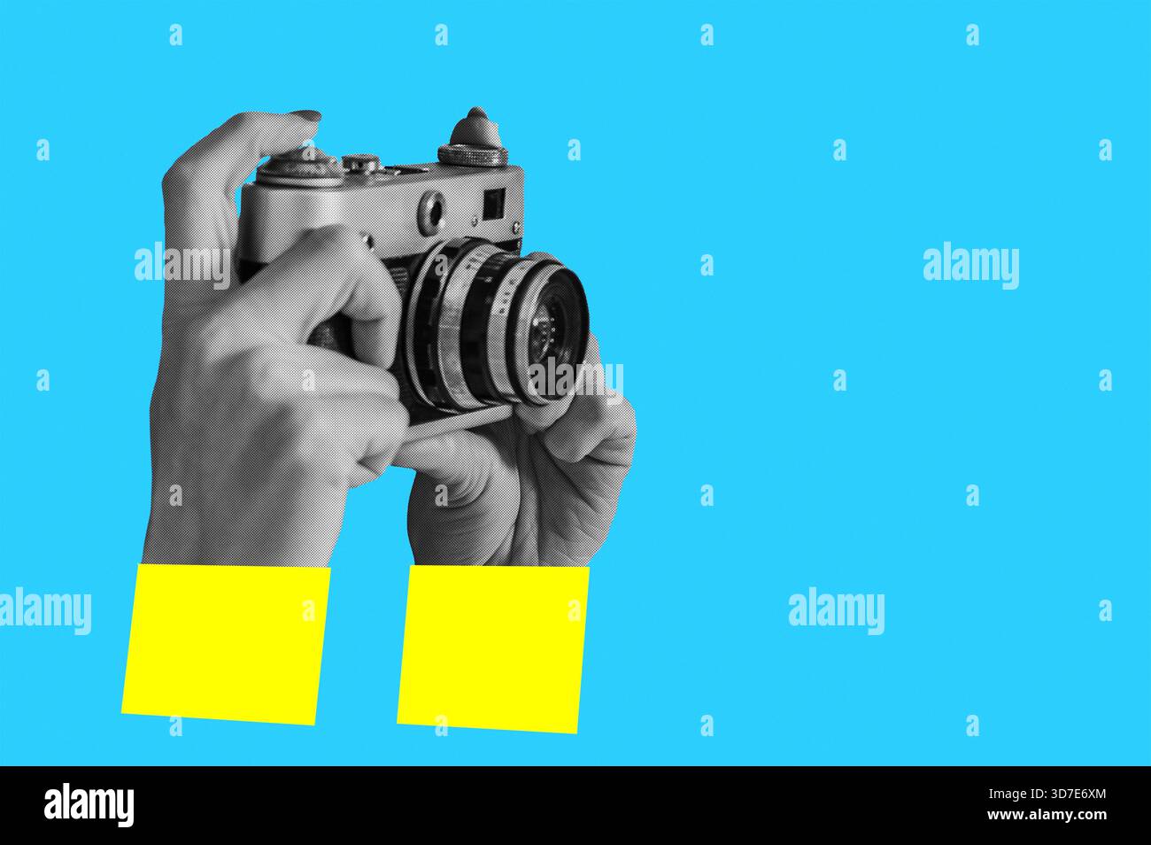 Femme prenant des photos rétro. Collage numérique avec des mains féminines tenant un appareil photo vintage. Design pop art. Concept de médias sociaux Banque D'Images