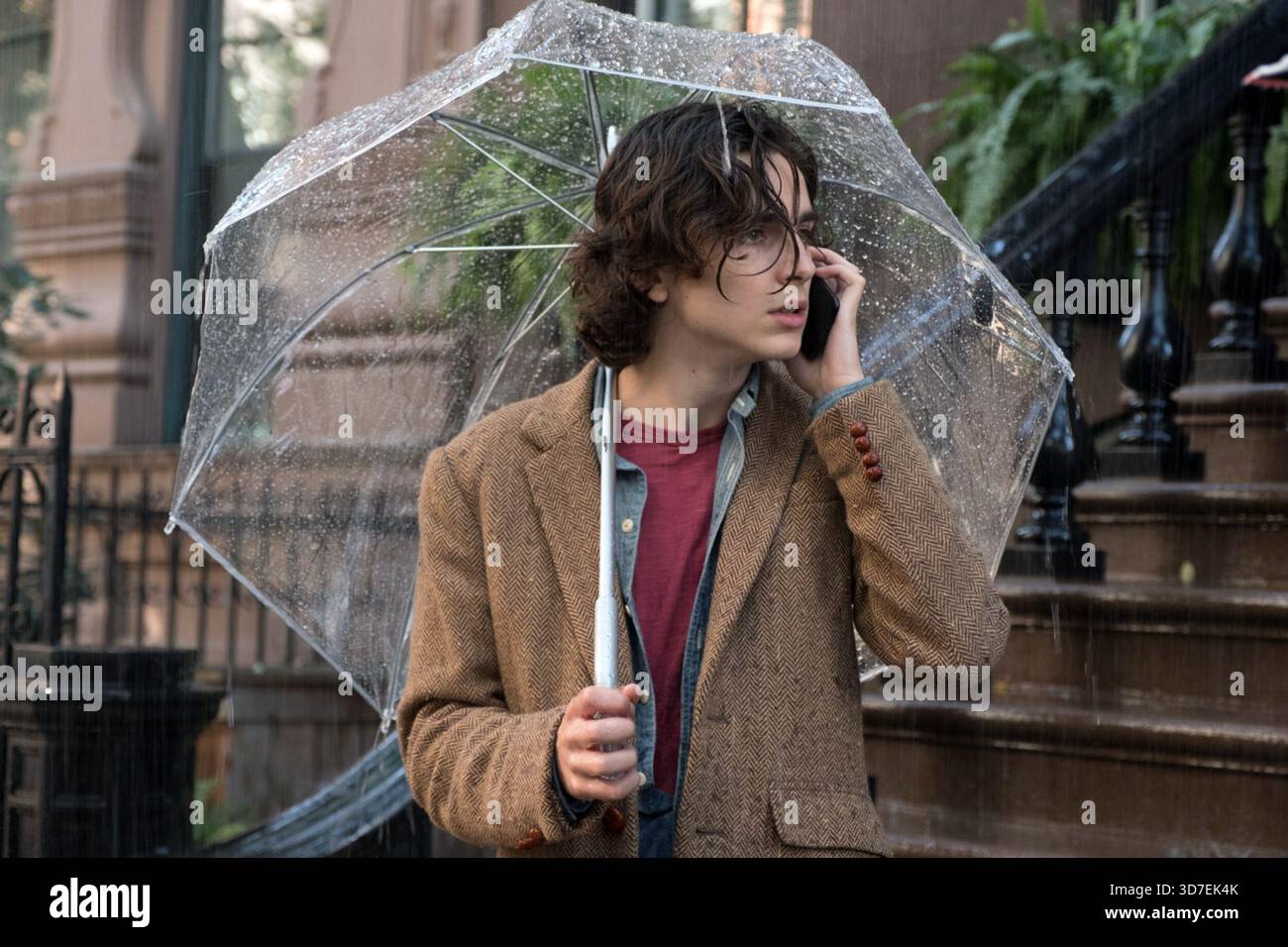 A Rainy Day in New York est un film américain de comédie romantique écrit et réalisé par Woody Allen, sorti en 2019, et mettant en vedette Timothée Chalamet, elle Fanning, Selena Gomez, Jude Law, Diego Luna, et Liev Schreiber. Le film suit les exploits romantiques de deux jeunes étudiants, Gatsby et Ashleigh (Chalamet and Fanning), lors d'une visite de fin de semaine à New York, la ville natale de Gatsby. Il espère approfondir leur relation pendant qu'elle est en ville pour interviewer un réalisateur (Schreiber) pour leur journal universitaire. Banque D'Images