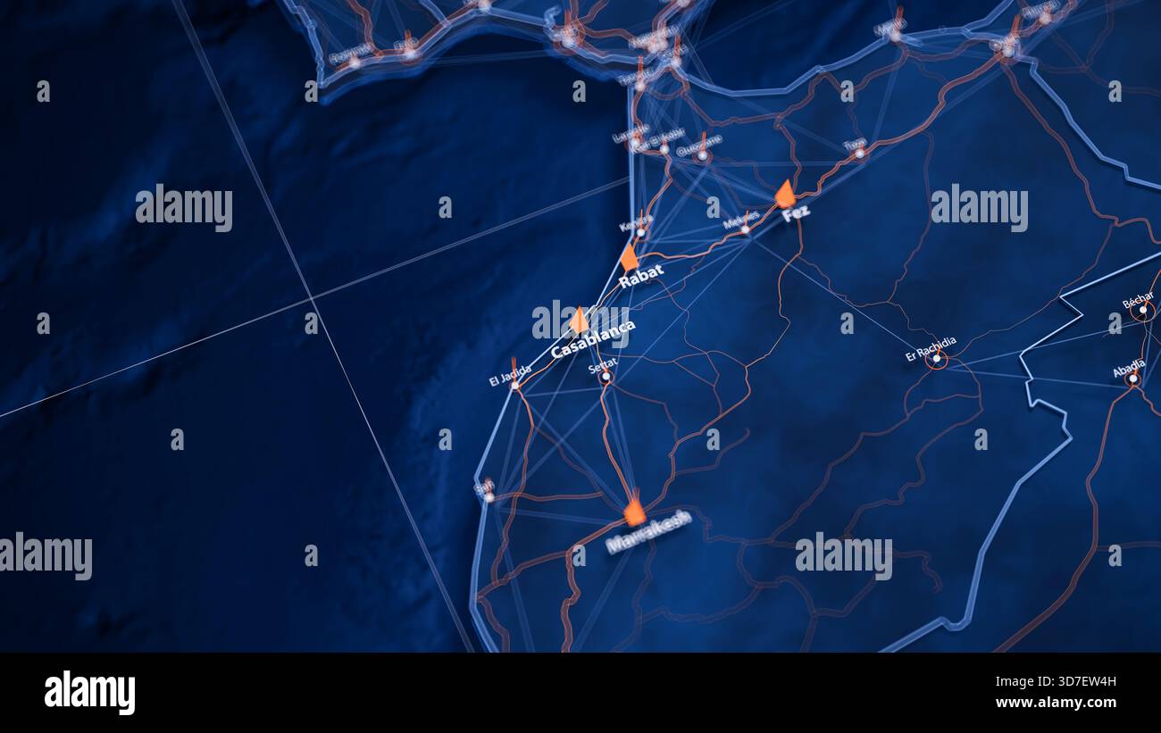 Visualisation des big data cartographiques de Casablanca. Infographie de carte futuriste de ville au Maroc. Complexité visuelle des données cartographiques dans les couleurs modernes bleu et orange Banque D'Images