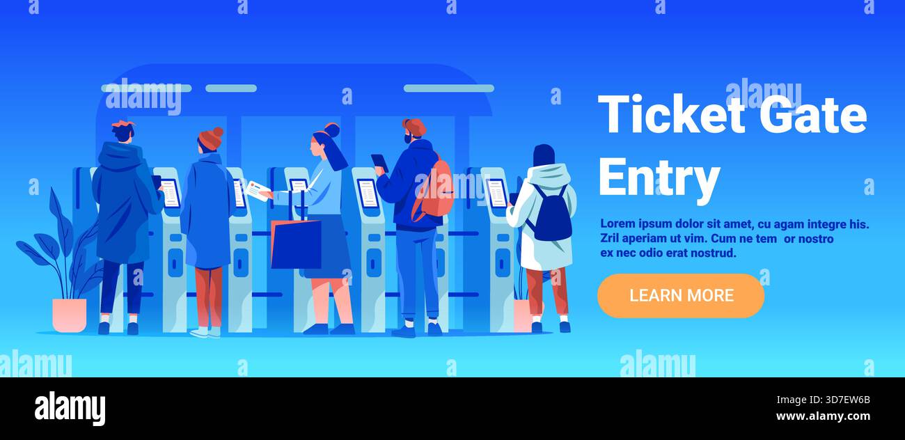Entrée de porte de billet les gens utilisant des machines font la queue de la station de métro moderne bleu de la bannière de site Web de fond Illustration de Vecteur