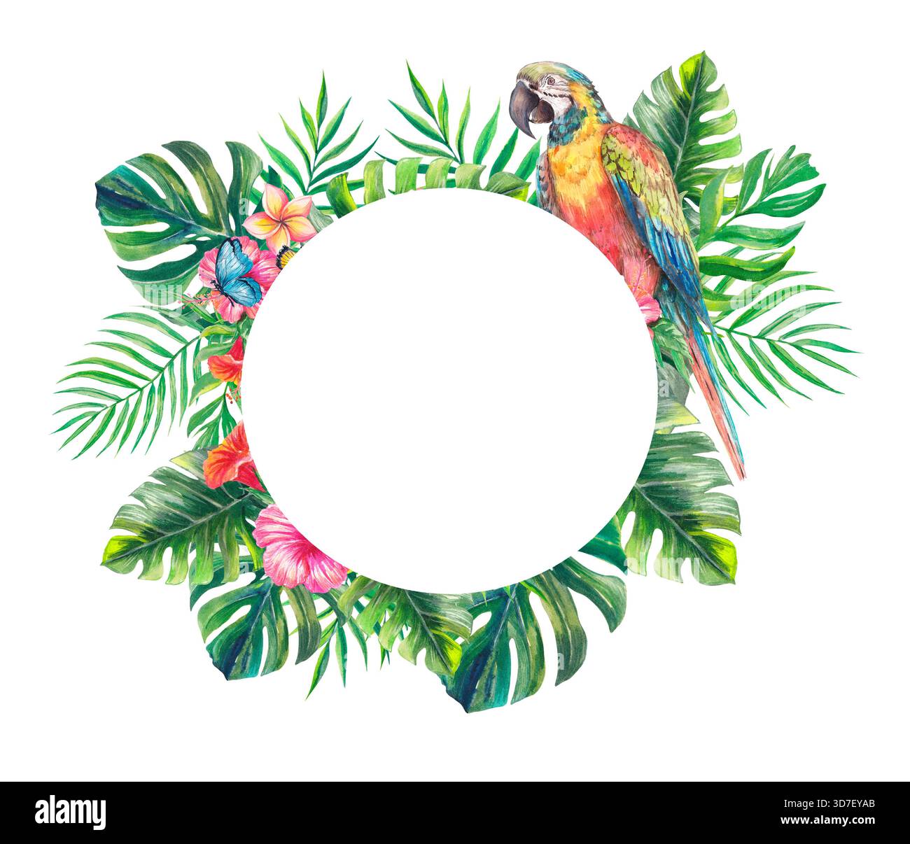 Illustration aquarelle de perroquets tropicaux colorés parmi des feuilles de palmier luxuriantes et des fleurs exotiques. Œuvres d'art de la jungle peintes à la main idéales pour les impressions textiles, Banque D'Images