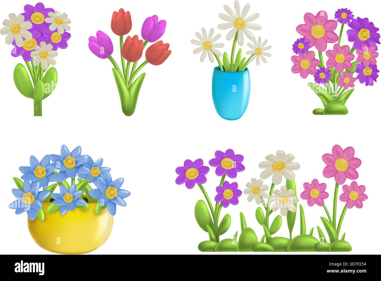 Fleurs de dessin animé 3D. Plante de jardin d'été, bouquet en pot de fleurs et vase, marguerite d'argile mignonne et tulipe, feuilles et herbe. Fleur en plastique réaliste Illustration de Vecteur