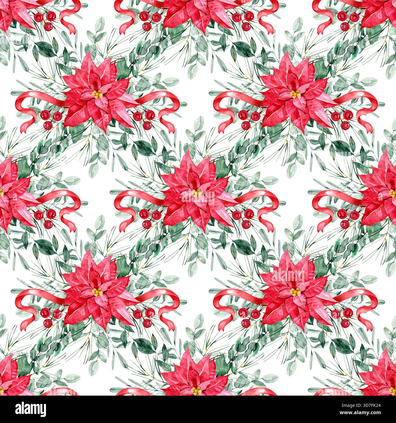 Motif sans couture des fêtes avec poinsettias lumineux, branches d'eucalyptus douces et accents rouges. Idéal pour les emballages de Noël, scrapbooking, impressions en tissu Banque D'Images