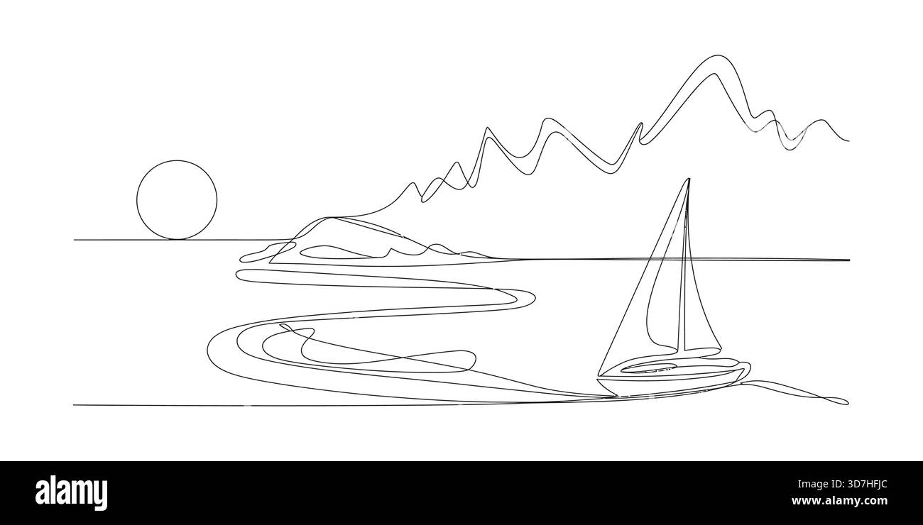Dessin d'art de ligne continue de voilier sur l'océan avec des montagnes Illustration de Vecteur