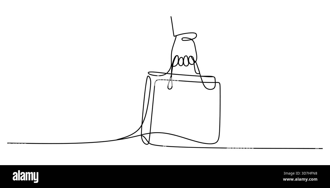 Dessin continu au trait d'un sac à provisions tenant dans la main pour le commerce Illustration de Vecteur