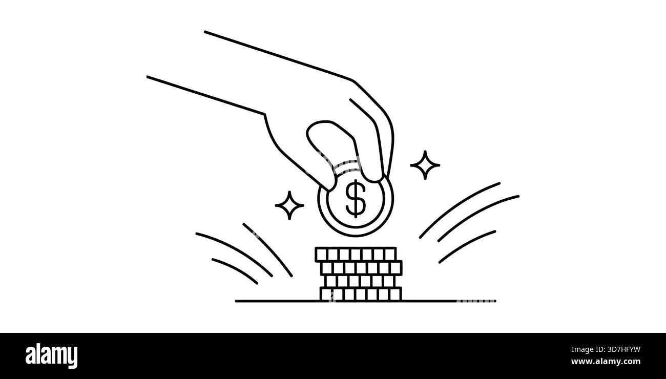 Main plaçant une pièce d'un dollar sur la pile, symbolisant l'épargne financière. Illustration de Vecteur