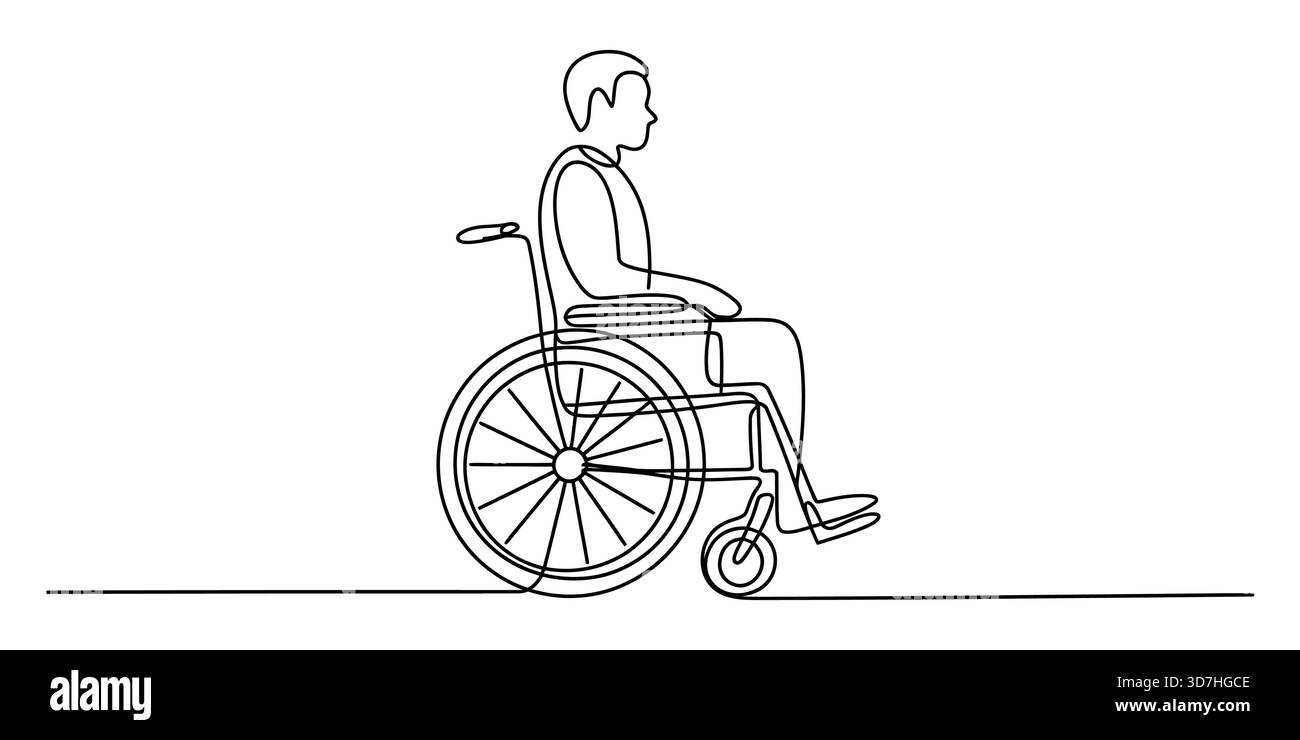 Dessin en ligne continue d'une personne assise dans un fauteuil roulant. vecteur. Illustration de Vecteur