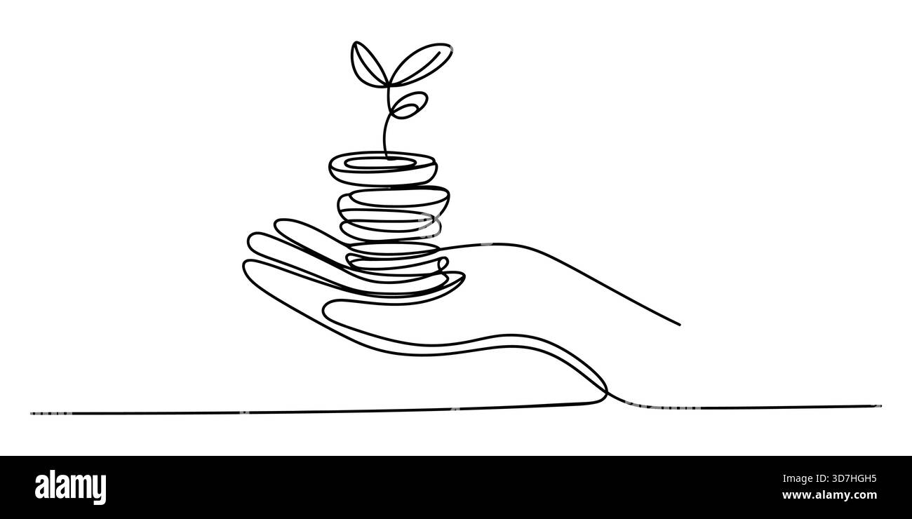 Main tenant pile de pièces de monnaie avec plante en croissance ; dessin en ligne continue Illustration de Vecteur