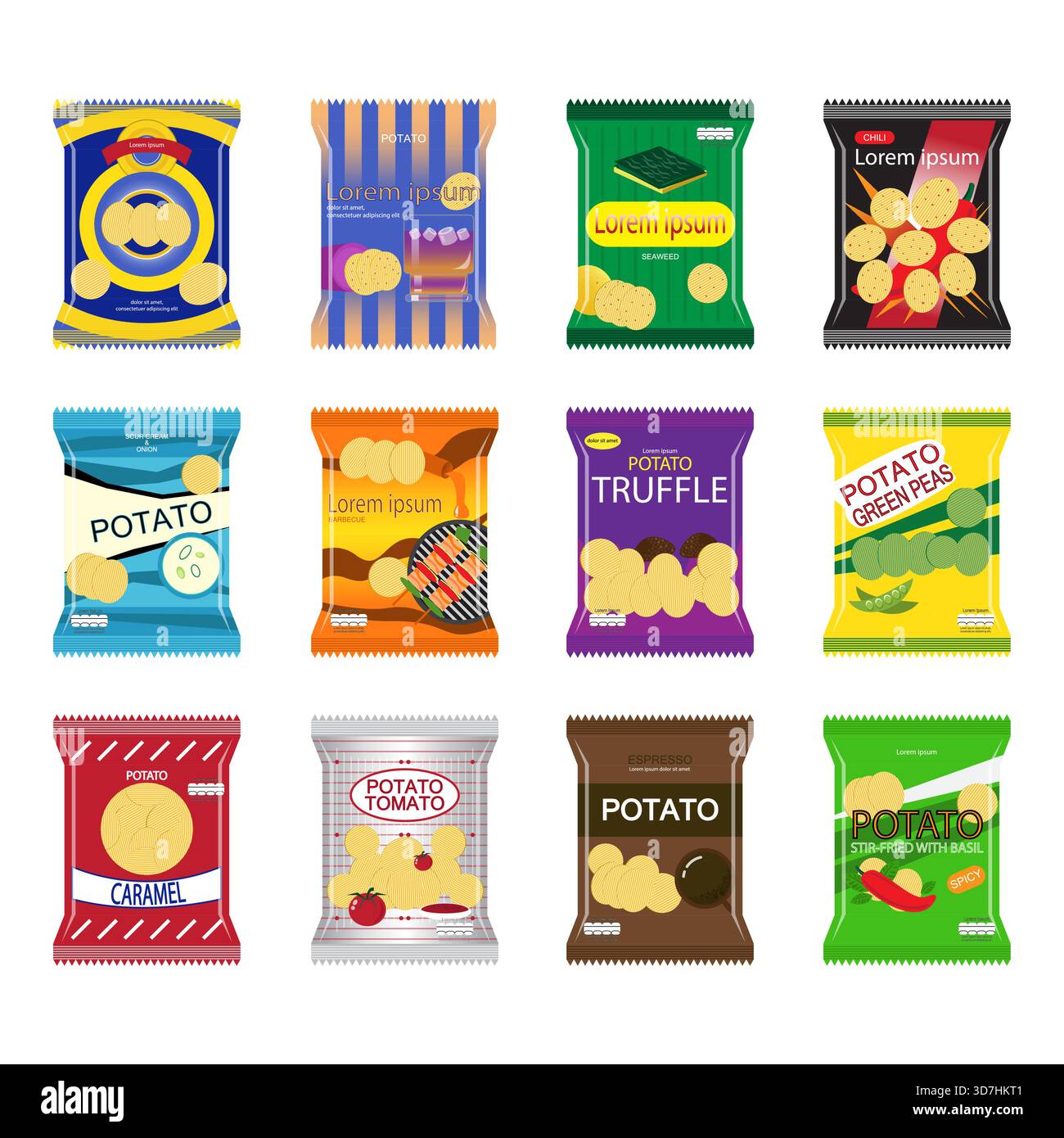 Ensemble de sac d'emballage avec diverses saveurs collations sur fond blanc. Illustration de Vecteur