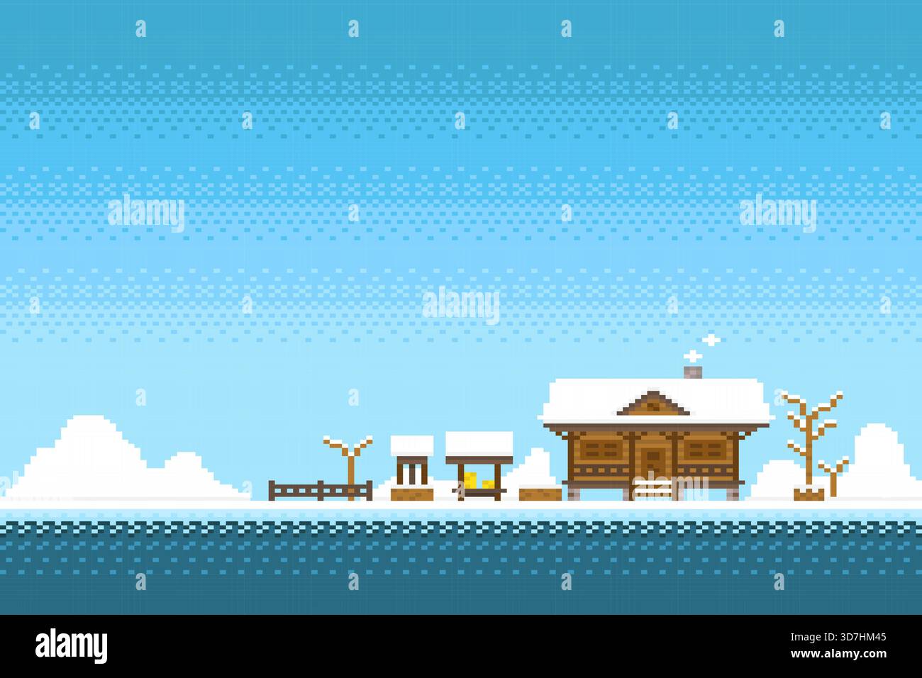Maison en bois avec puits ancien sur fond de ciel bleu dans le jeu de pixels. Illustration de Vecteur