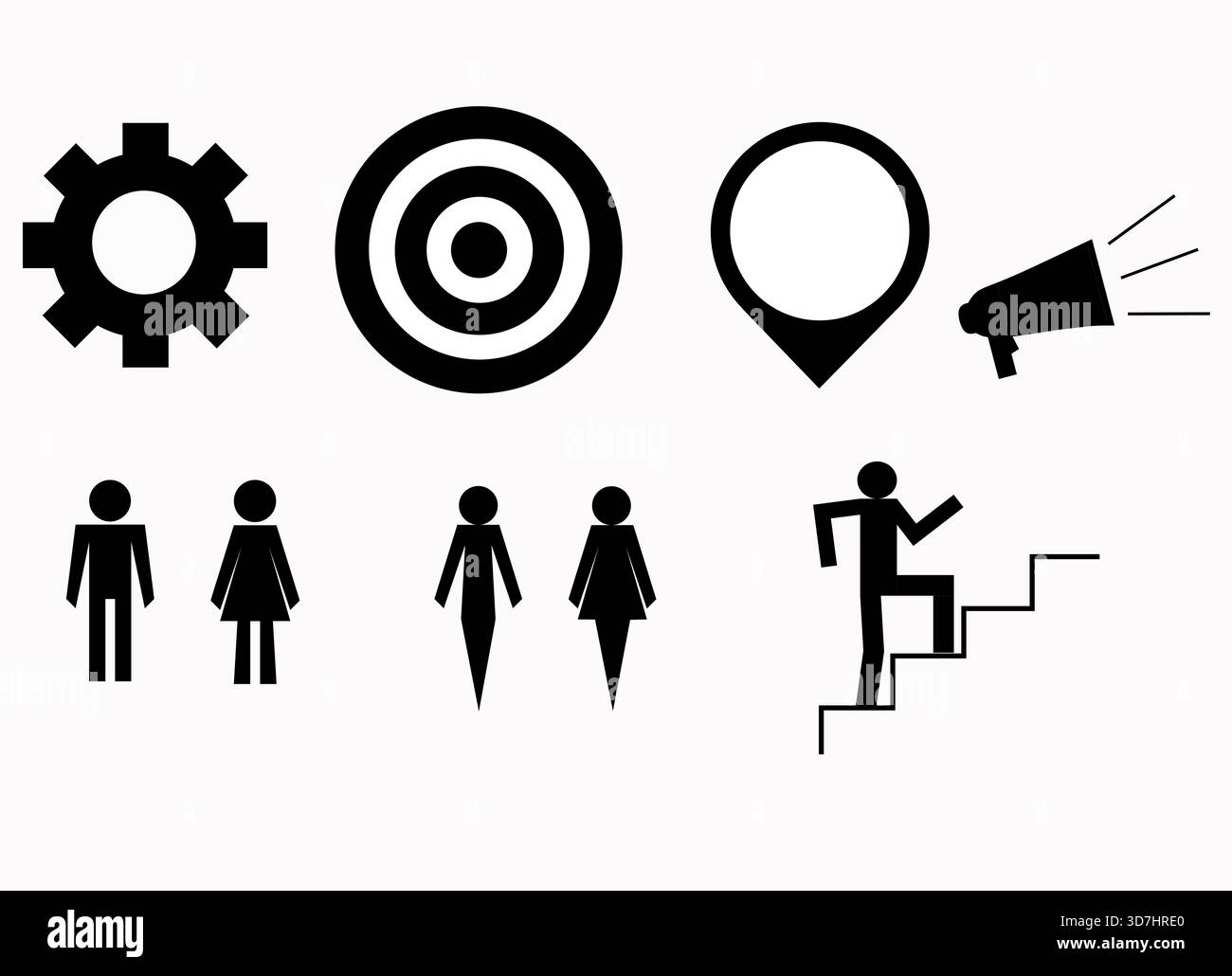 Ensemble d'icônes de processus de planification d'entreprise, icônes simples de contour de roue dentée avec cible avec escalier avec mégaphone avec épingle avec des gens et homme d'affaires Illustration de Vecteur