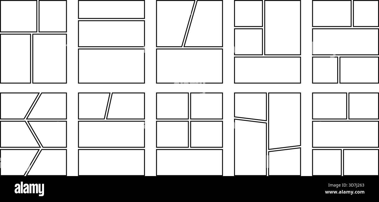 Ensemble de panneaux de bande dessinée. Modèle vierge de collage manga. Panneau de disposition du storyboard. Cadre de ligne de page vide pour le collage de photos. Maquette de tableau de bande dessinée. Vecteur Illustration de Vecteur
