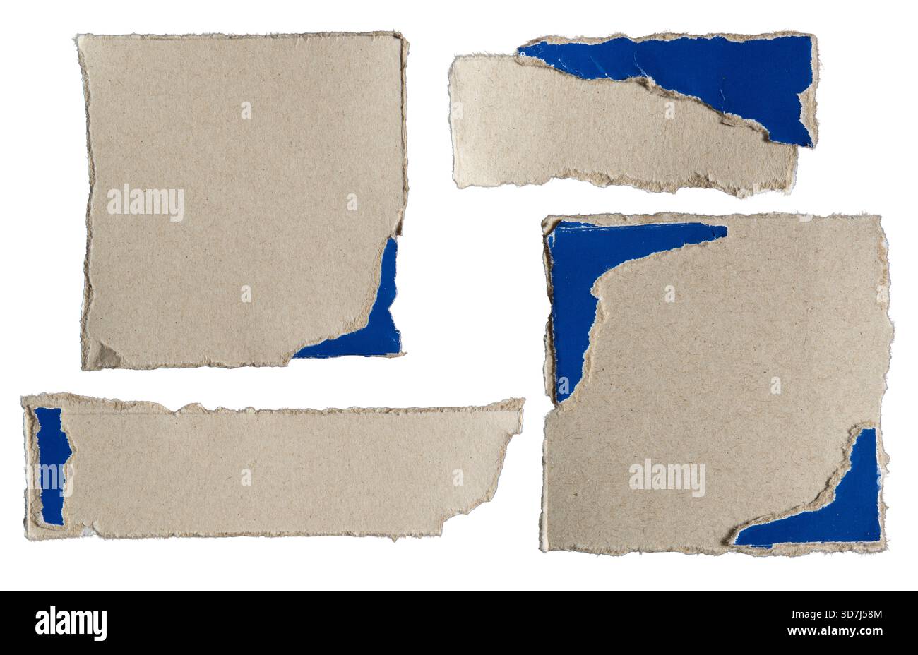 Morceaux d'emballage de boîte de papier déchiré avec couleur bleue et grise isolé sur fond blanc avec chemin de découpage Banque D'Images