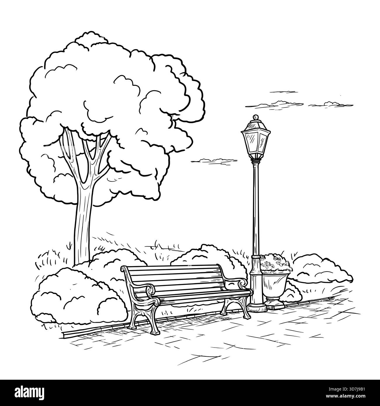 Un arbre et une lanterne de parc, parterre de fleurs avec des fleurs dans l'herbe, un croquis. Le dessin est dessiné à la main, un dessin simple, est isolé sur fond blanc. Alley Illustration de Vecteur