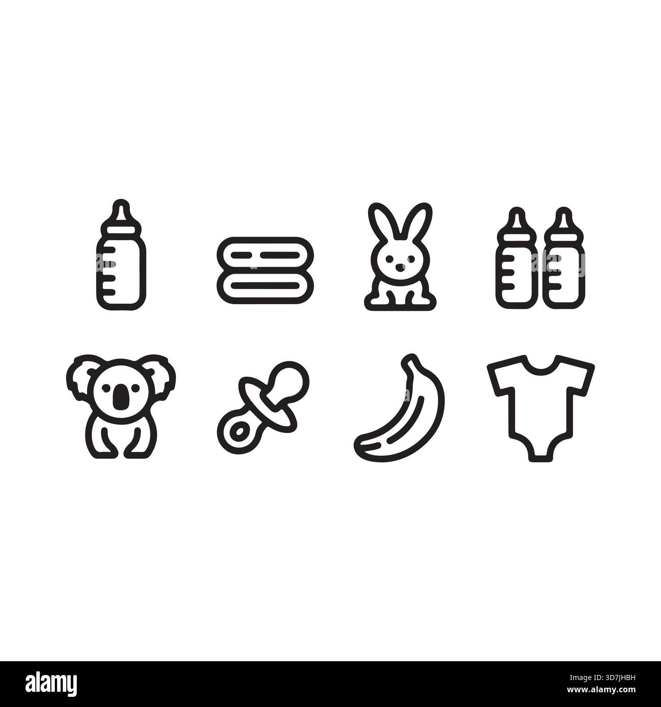 Une collection de charmantes icônes en noir et blanc représentant les essentiels pour bébé comme des biberons, des sucettes, des vêtements et des jouets pour les soins des nourrissons. Illustration de Vecteur