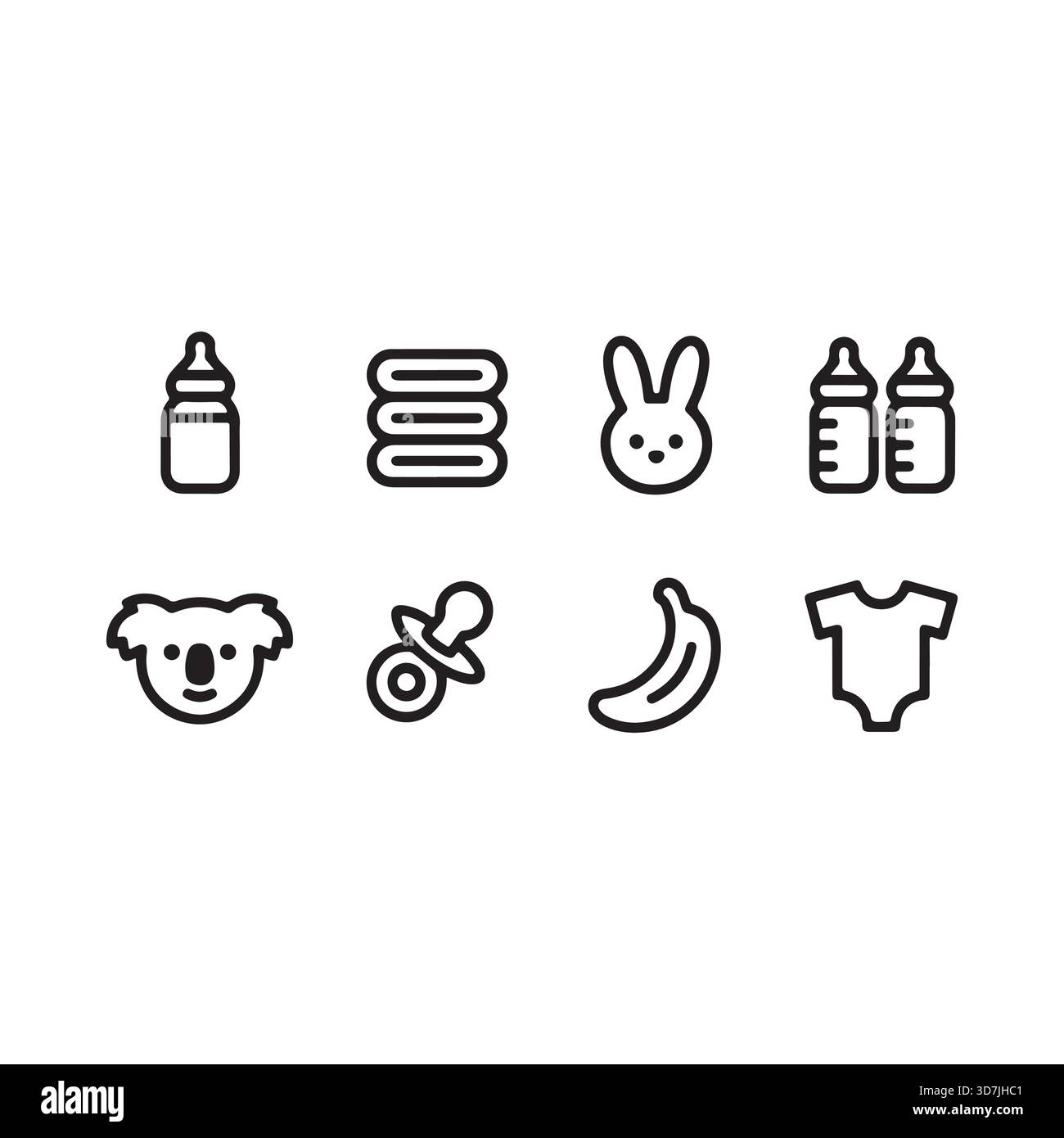 Une collection de charmantes icônes en noir et blanc représentant les essentiels pour bébé comme des biberons, des sucettes, des vêtements et des jouets pour les soins des nourrissons. Illustration de Vecteur