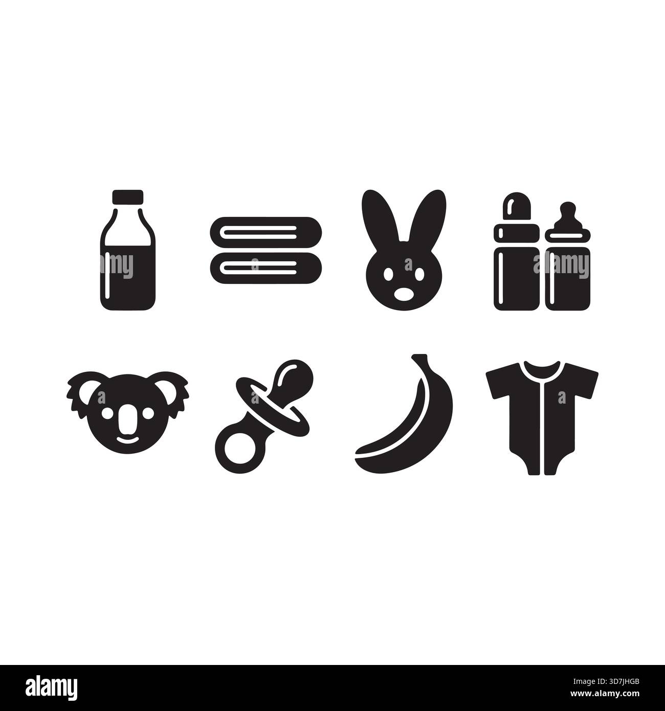 Une collection de charmantes icônes en noir et blanc représentant les essentiels pour bébé comme des biberons, des sucettes, des vêtements et des jouets pour les soins des nourrissons. Illustration de Vecteur