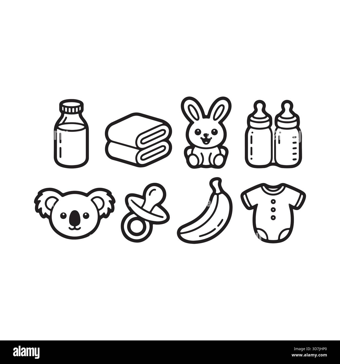 Une collection de charmantes icônes en noir et blanc représentant les essentiels pour bébé comme des biberons, des sucettes, des vêtements et des jouets pour les soins des nourrissons. Illustration de Vecteur