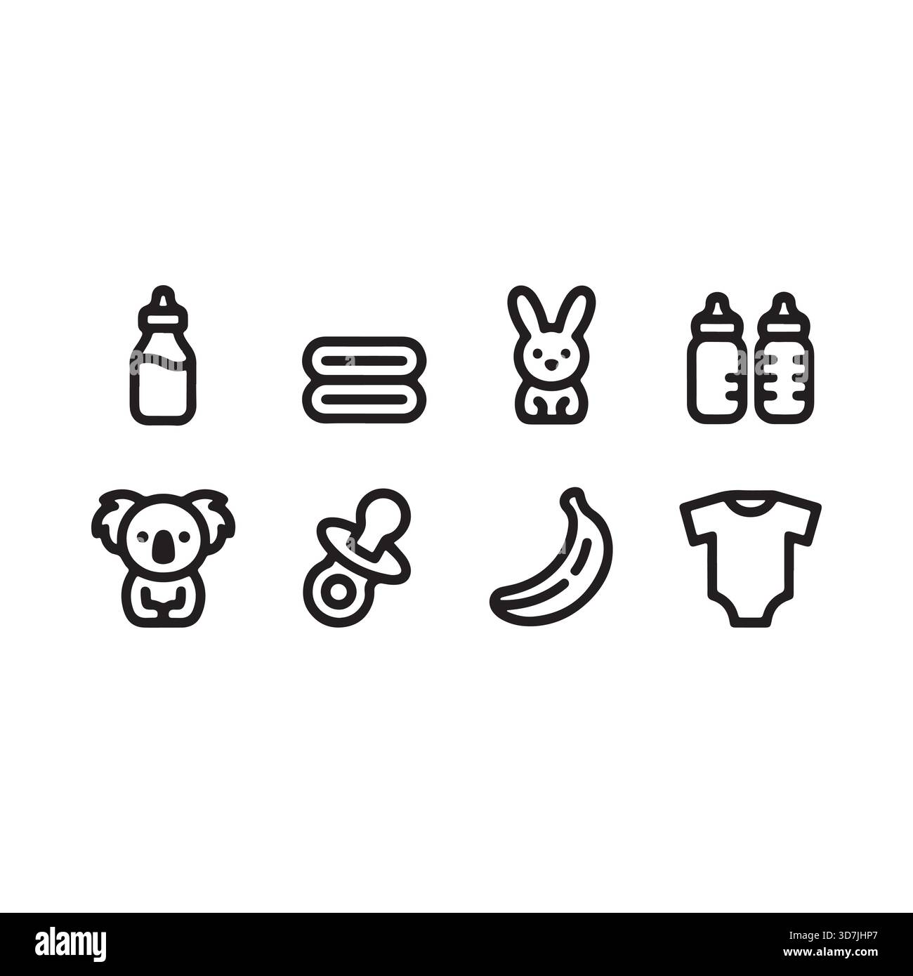Une collection de charmantes icônes en noir et blanc représentant les essentiels pour bébé comme des biberons, des sucettes, des vêtements et des jouets pour les soins des nourrissons. Illustration de Vecteur