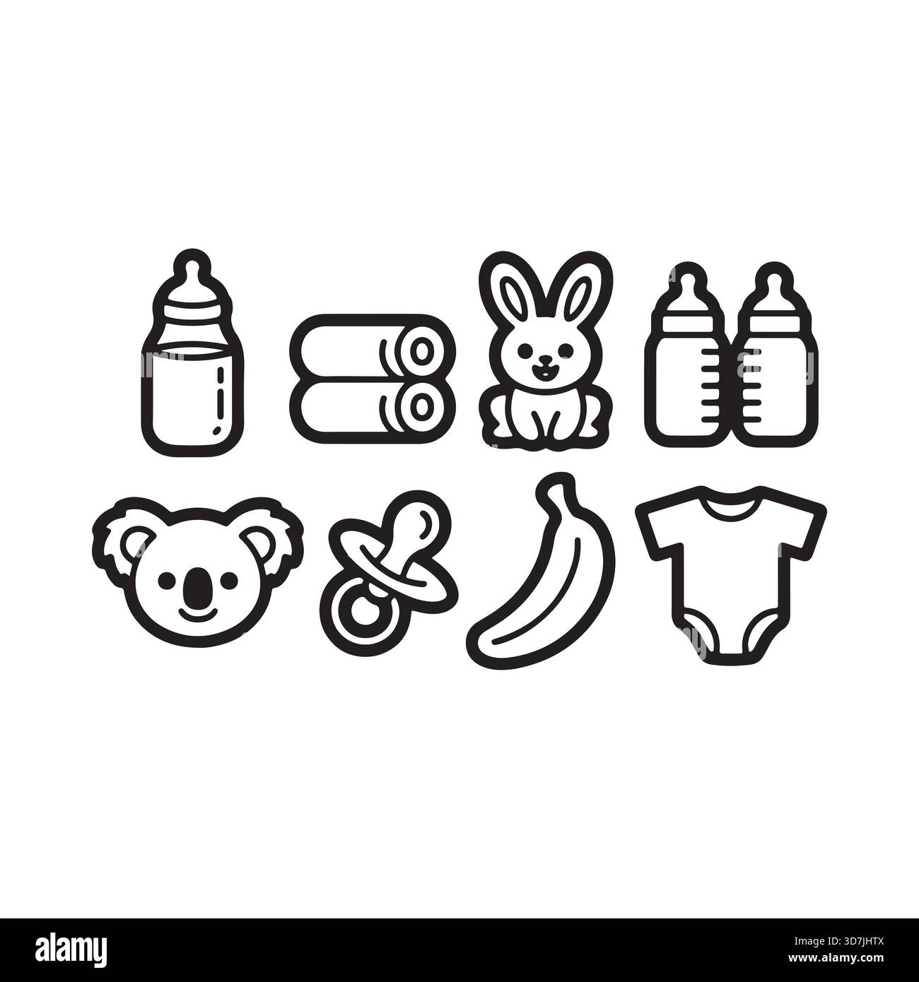 Une collection de charmantes icônes en noir et blanc représentant les essentiels pour bébé comme des biberons, des sucettes, des vêtements et des jouets pour les soins des nourrissons. Illustration de Vecteur