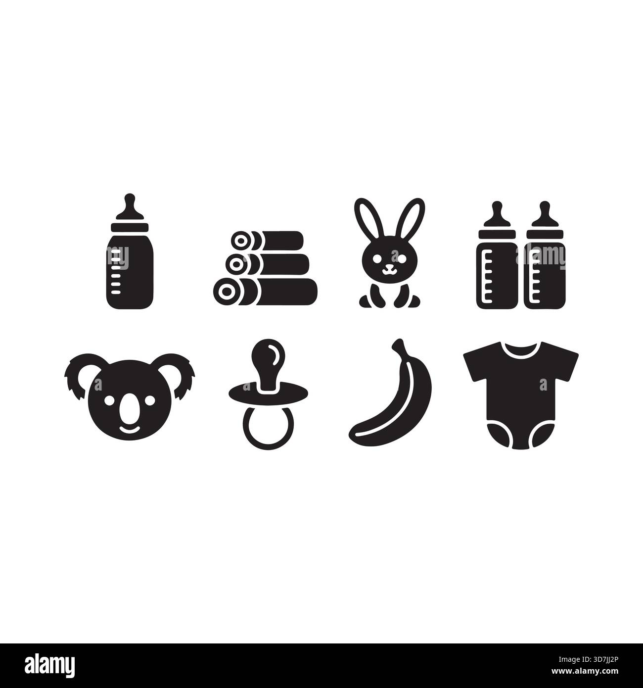 Une collection de charmantes icônes en noir et blanc représentant les essentiels pour bébé comme des biberons, des sucettes, des vêtements et des jouets pour les soins des nourrissons. Illustration de Vecteur
