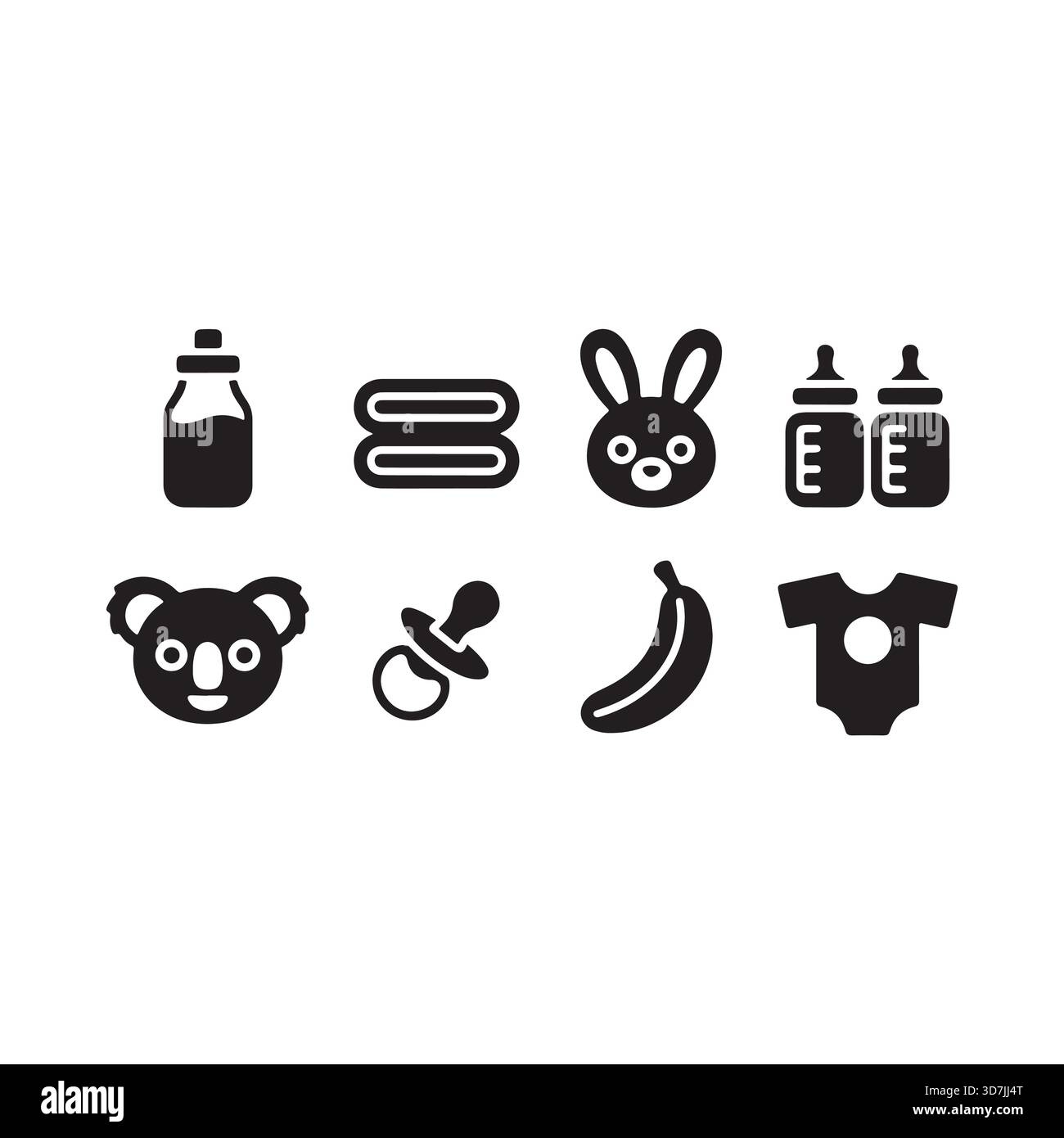 Une collection d'adorables articles pour bébé comprenant des biberons, une sucette, une combinaison, un koala, un lapin, une banane, et des serviettes pliées. Illustration de Vecteur