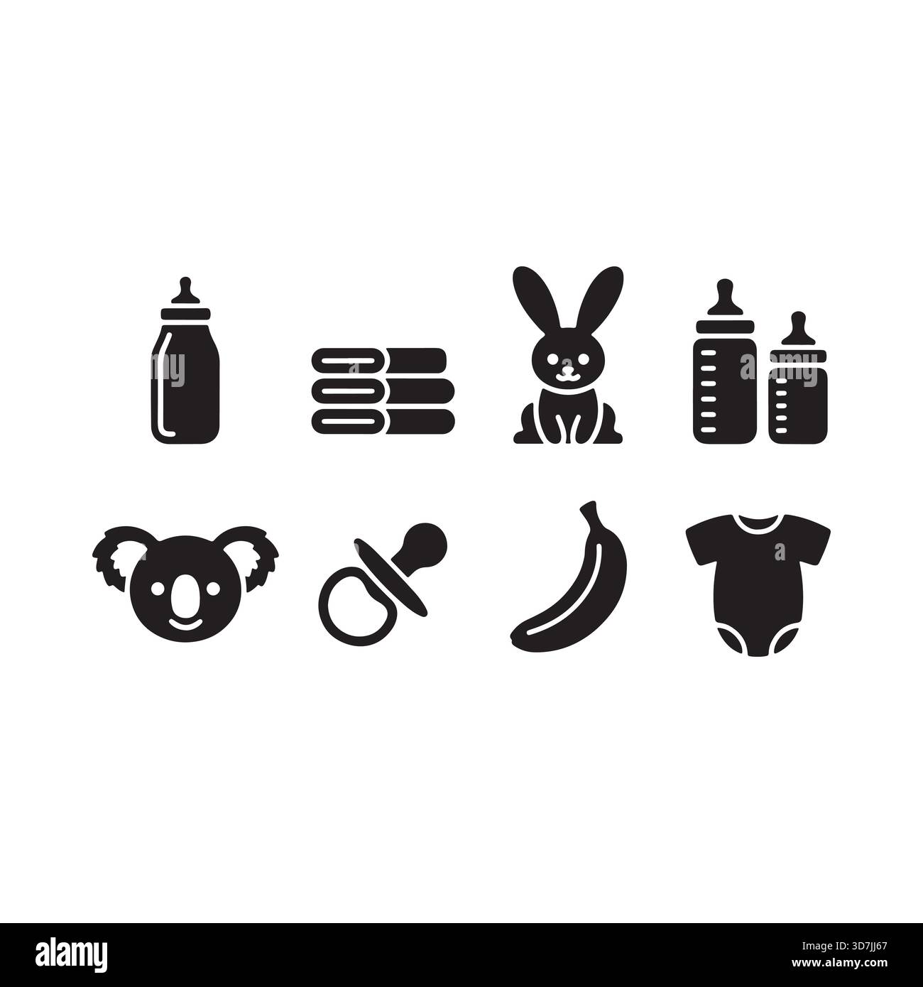 Une collection d'adorables articles pour bébé comprenant des biberons, une sucette, une combinaison, un koala, un lapin, une banane, et des serviettes pliées. Illustration de Vecteur