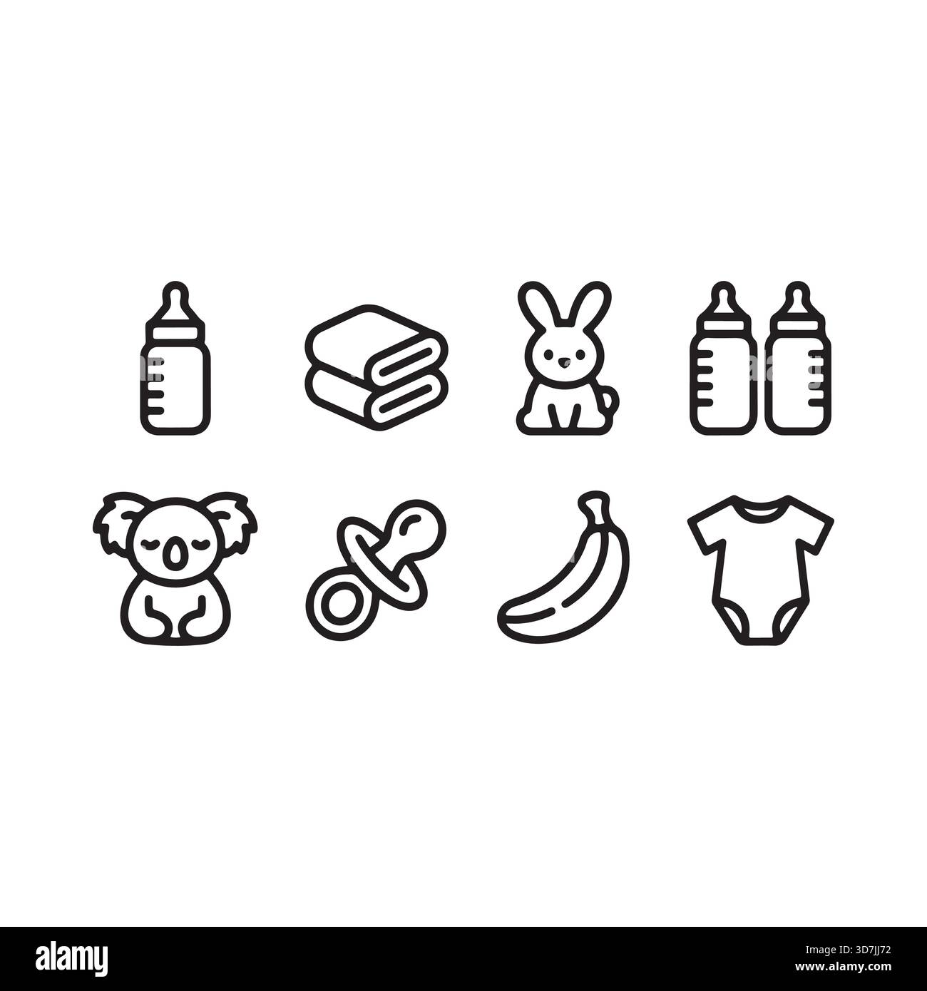 Une collection d'adorables articles pour bébé comprenant des biberons, une sucette, une combinaison, un koala, un lapin, une banane, et des serviettes pliées. Illustration de Vecteur